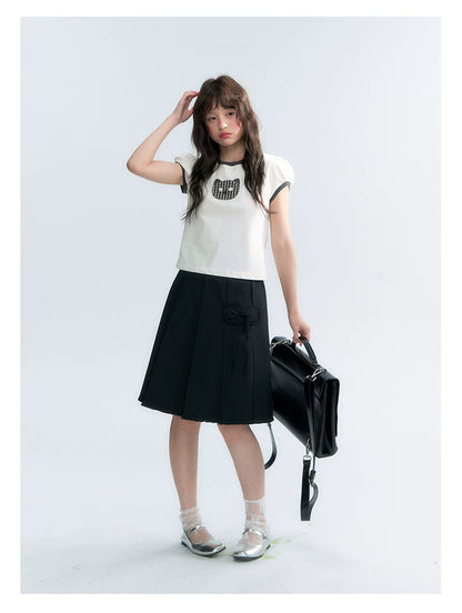 "Hide and Seek" Ivory Cat Patchwork Embroidered Puff Sleeve T-Shirt