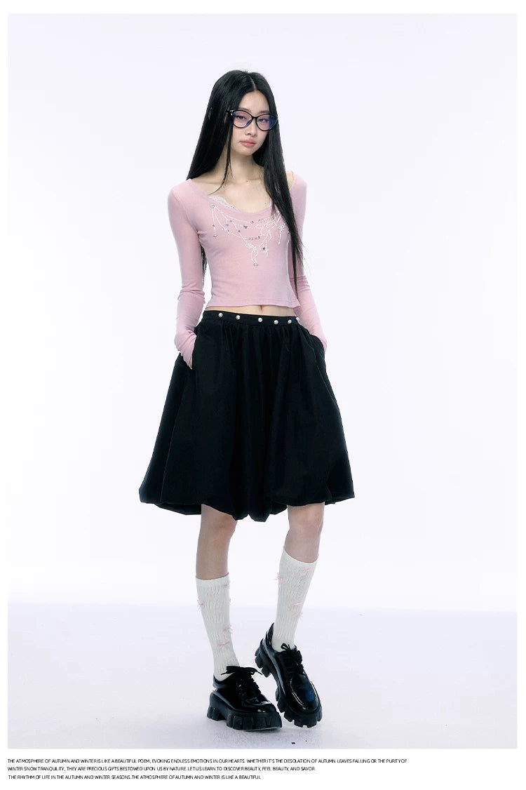 JN's DESIGN - Black Bubble Hem Skirt with Pearl Button Detail