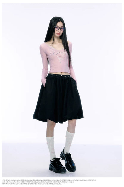 JN's DESIGN - Black Bubble Hem Skirt with Pearl Button Detail