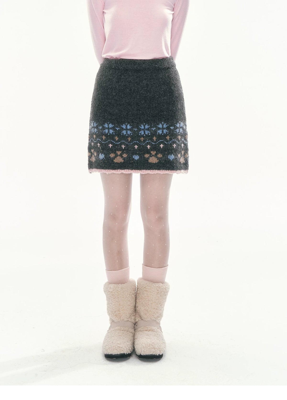 [CAN] Puppy Fair Isle Knit Sweater & Skirt Set (Gray / Pink)