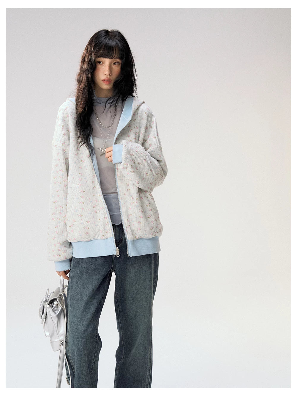 [CAN] "Misty Blue Floral Reverie" Light Blue Floral Set (Reversible Jacket / Sweatpants / Tiered Skirt)