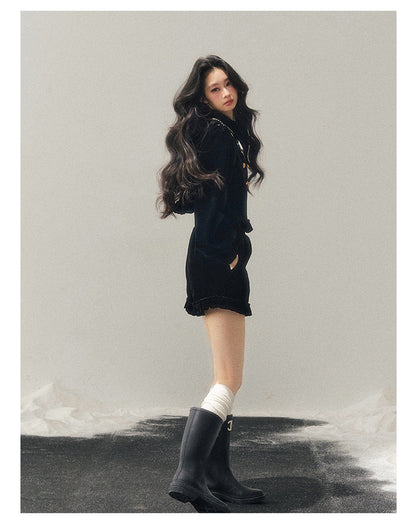 少也眼 “The Seventh Nocturne” Black Velvet French-Style Jacket & Shorts Set