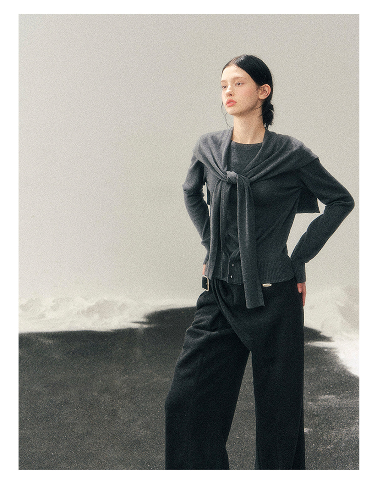 040126 "Orlane Academy" American Preppy Knit Top & Shawl Set - Paris Gray