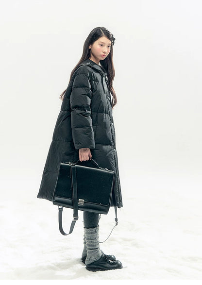 "Starry Night Little Witch" Black Long Down Coat with Detachable Bunny Bow Collar