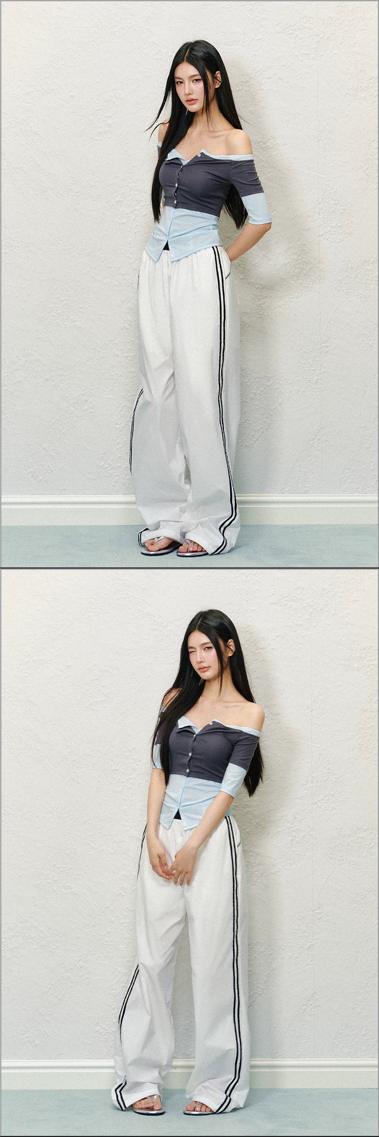 Layered Off-Shoulder Contrast Lyocell Knit Top (Floral White Contrast/ Red & White Stripe/ Gray Blue Contrast)