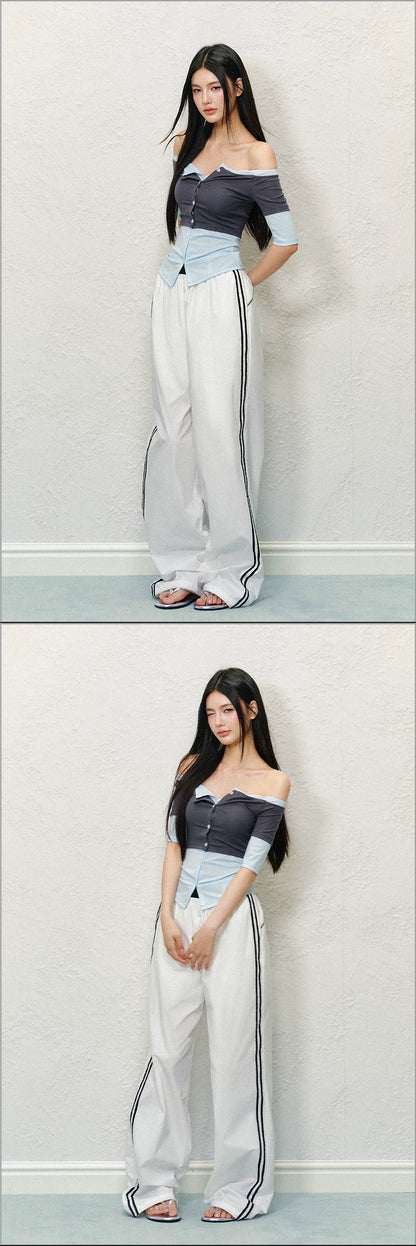 Layered Off-Shoulder Contrast Lyocell Knit Top (Floral White Contrast/ Red & White Stripe/ Gray Blue Contrast)
