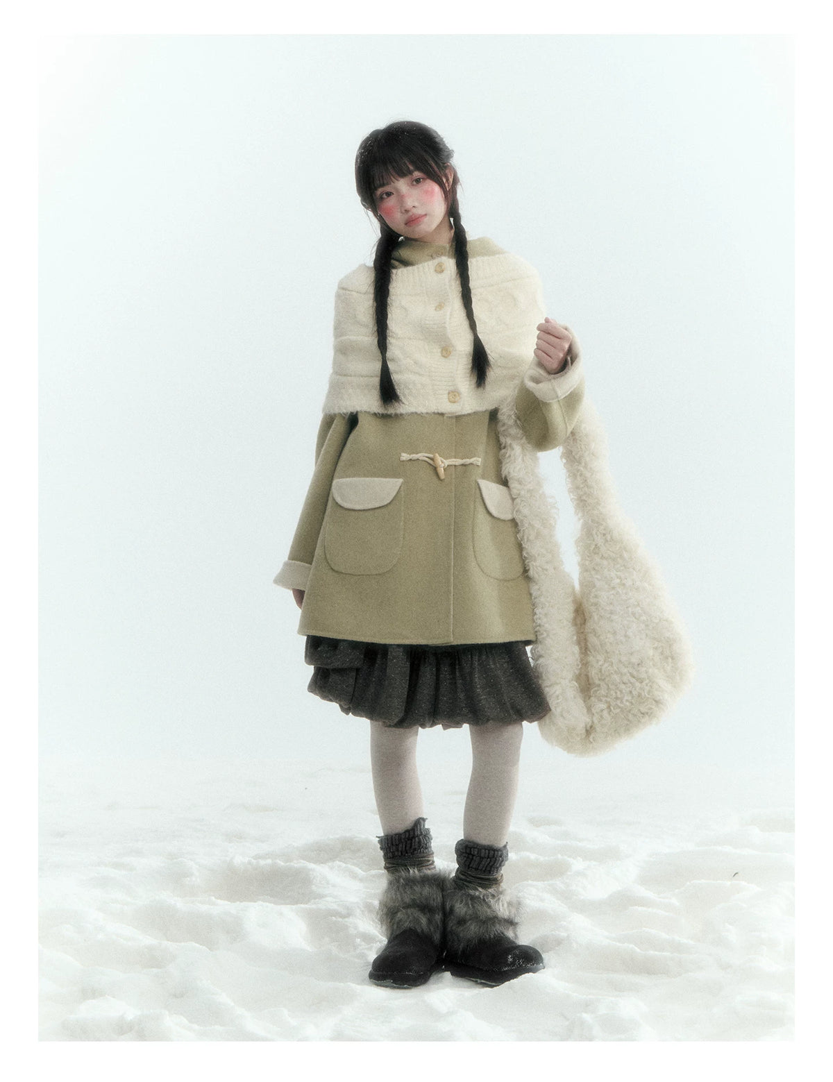 Horridale - Moss Green and Cream Reversible Hooded Wool Coat