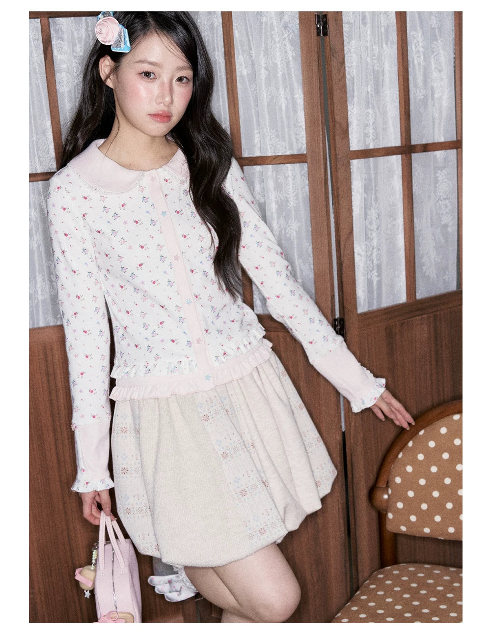 [RF] Waffle Texture Peter Pan Collar Floral Cardigan in Soft Pink