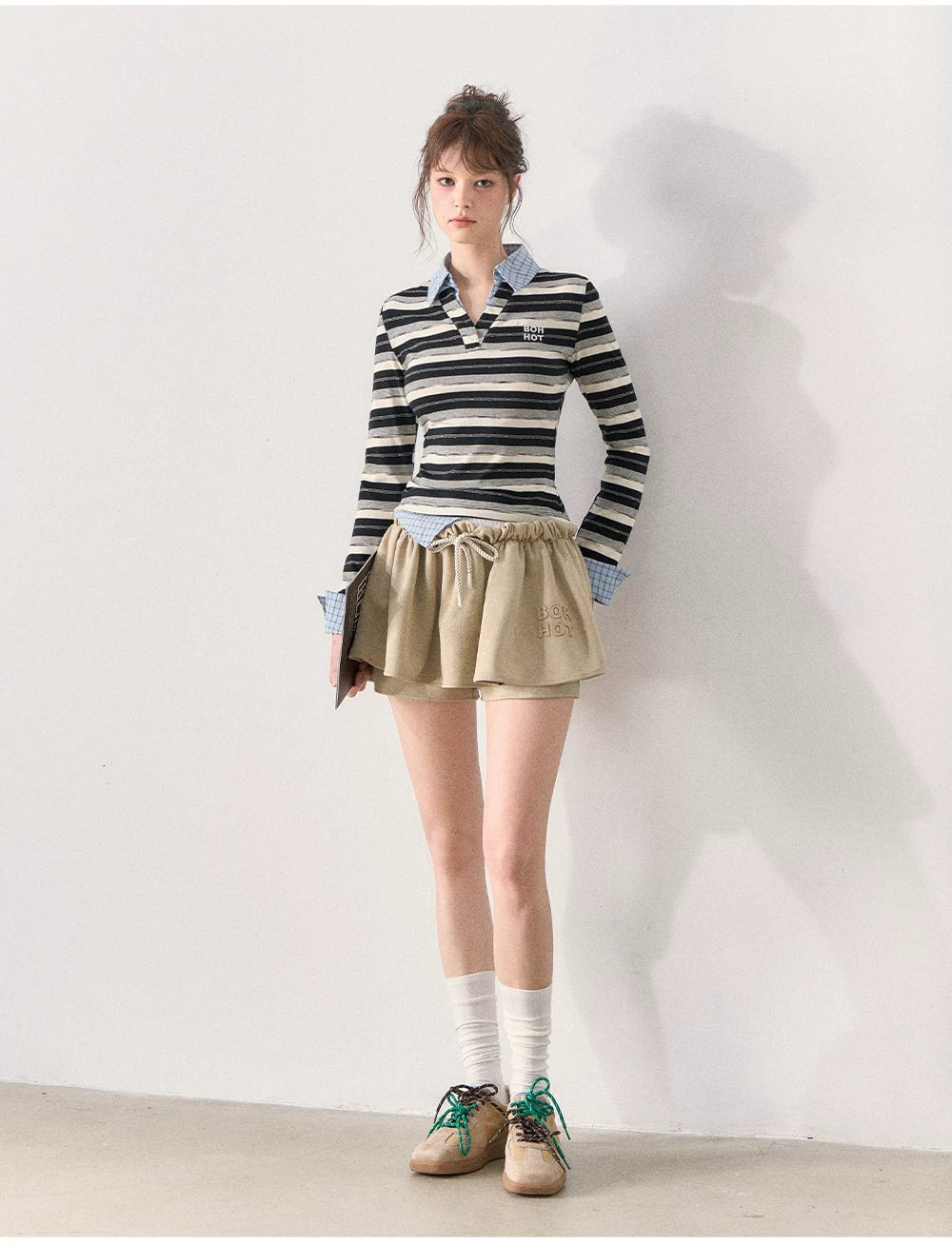 [TMMG] Miu-Inspired Striped Faux Two-Piece Long-Sleeve Polo Top