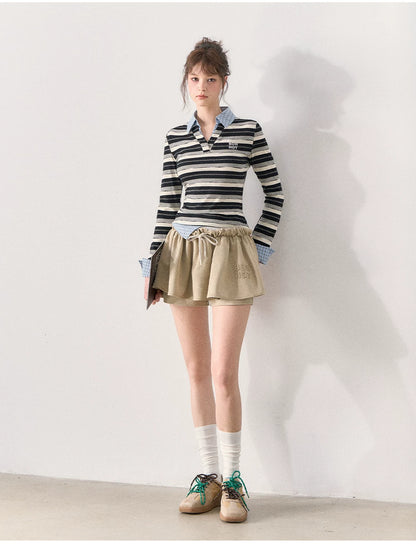 [TMMG] Miu-Inspired Striped Faux Two-Piece Long-Sleeve Polo Top