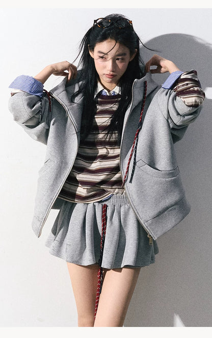 OAKMOO/ "A Trace of Self" Light Heather Gray Miu-Inspired Sporty Hoodie & Skirt Set