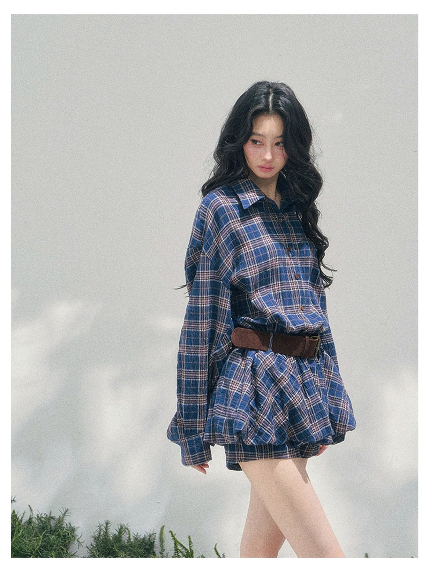 少也眼 “Rain Traces on Windowpanes” Polo-Collar Plaid Shirt Mini Dress 5286347