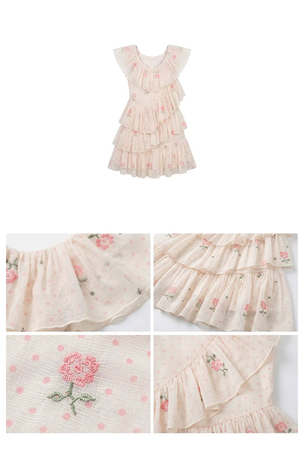 “Cloud Ruffle Reverie” Cream Apricot Floral Ruffle Dress