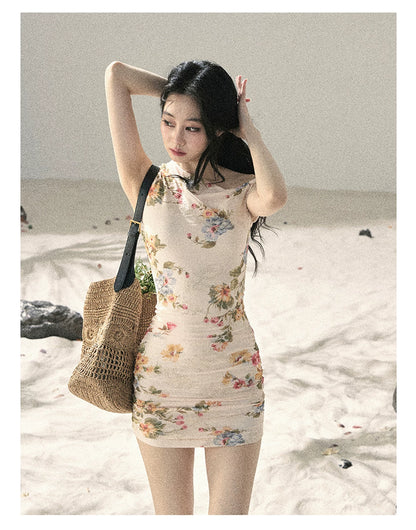 "Waiting for Blossoms" Dutch Cream Floral Ruched Mini Dress 43236