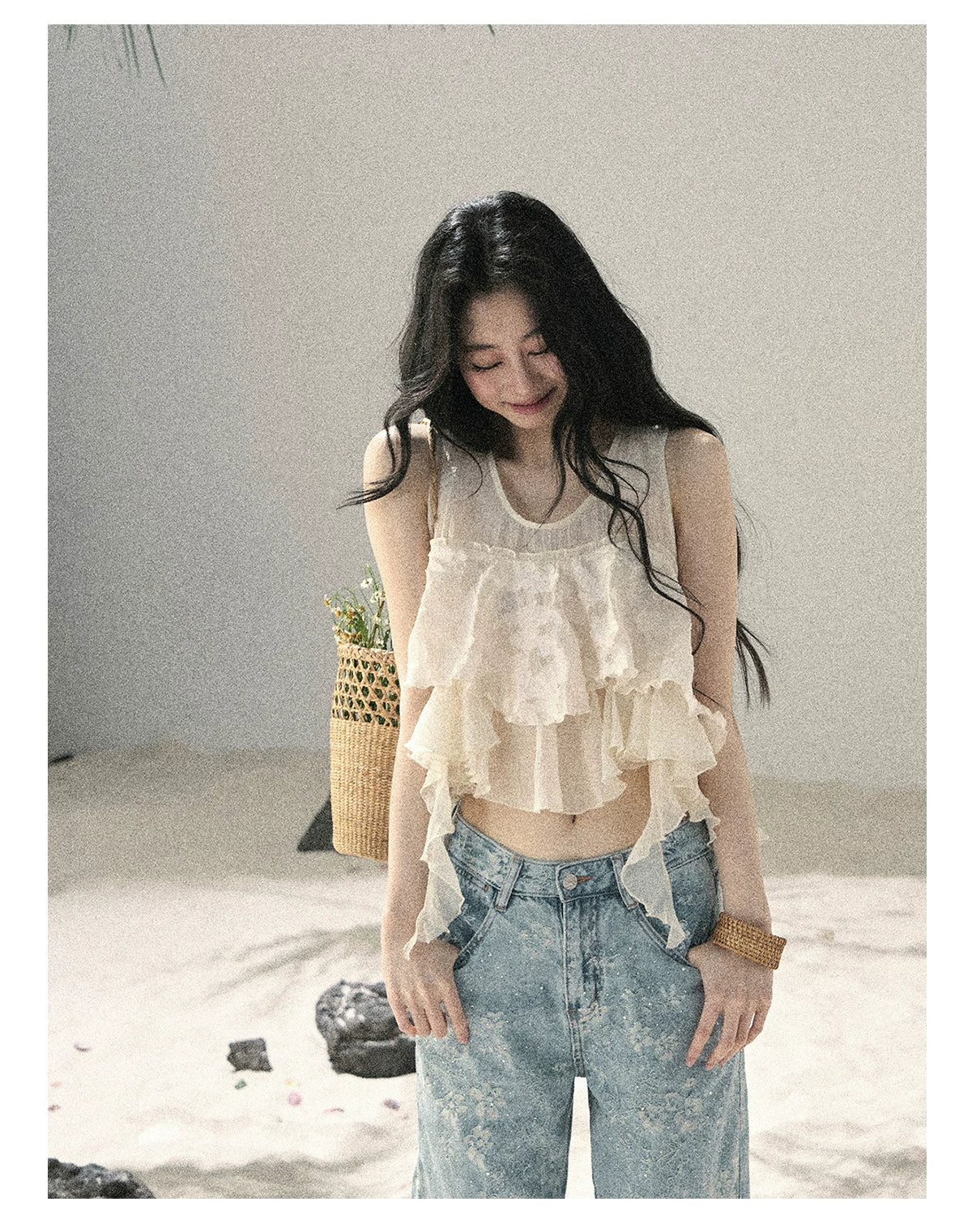 "Moonlight Across the Lake" Pale Goose Yellow Chiffon Mesh Sleeveless Crop Top