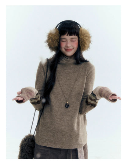 Horridale - Light Brown Colorblock High Cowl Neck Long Sleeve Top