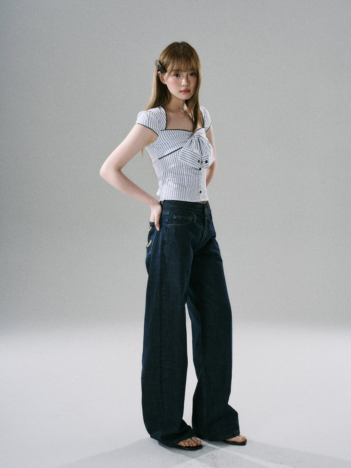 LOST FOREST - Black And White Striped Bow Crop Top