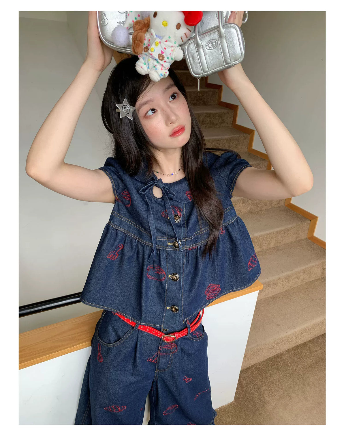 [RF] “Sweet Rebel Denim” Navy Embroidered Ruffle Top & Relaxed Pants Set