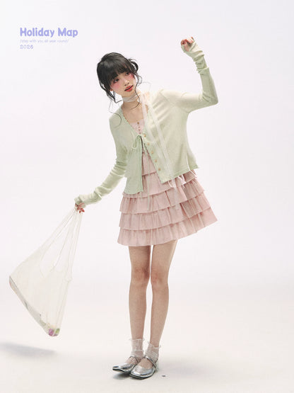 "Comfort Corner" Tie-Front Knit Cardigan (Melon Green/ Peacock Blue)