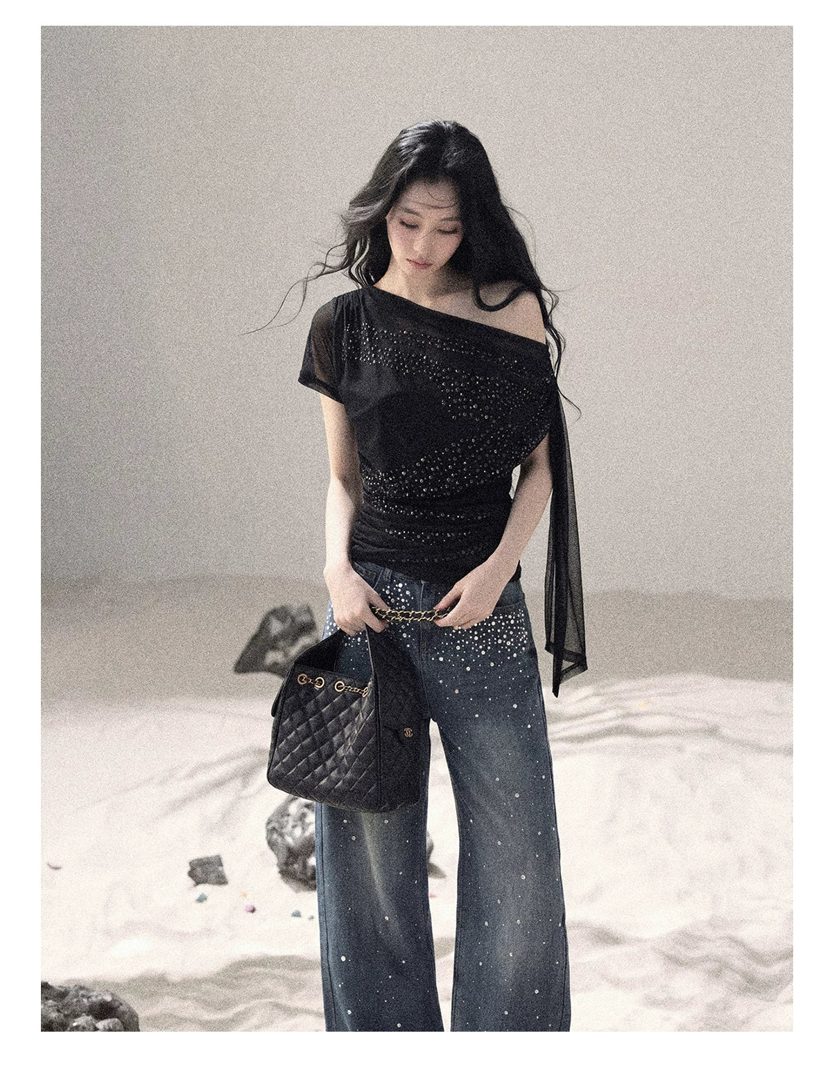 “Frosted Kiss” Quiet Black Crystal Mesh Short Sleeve Top