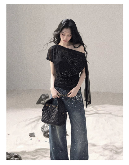 “Frosted Kiss” Quiet Black Crystal Mesh Short Sleeve Top
