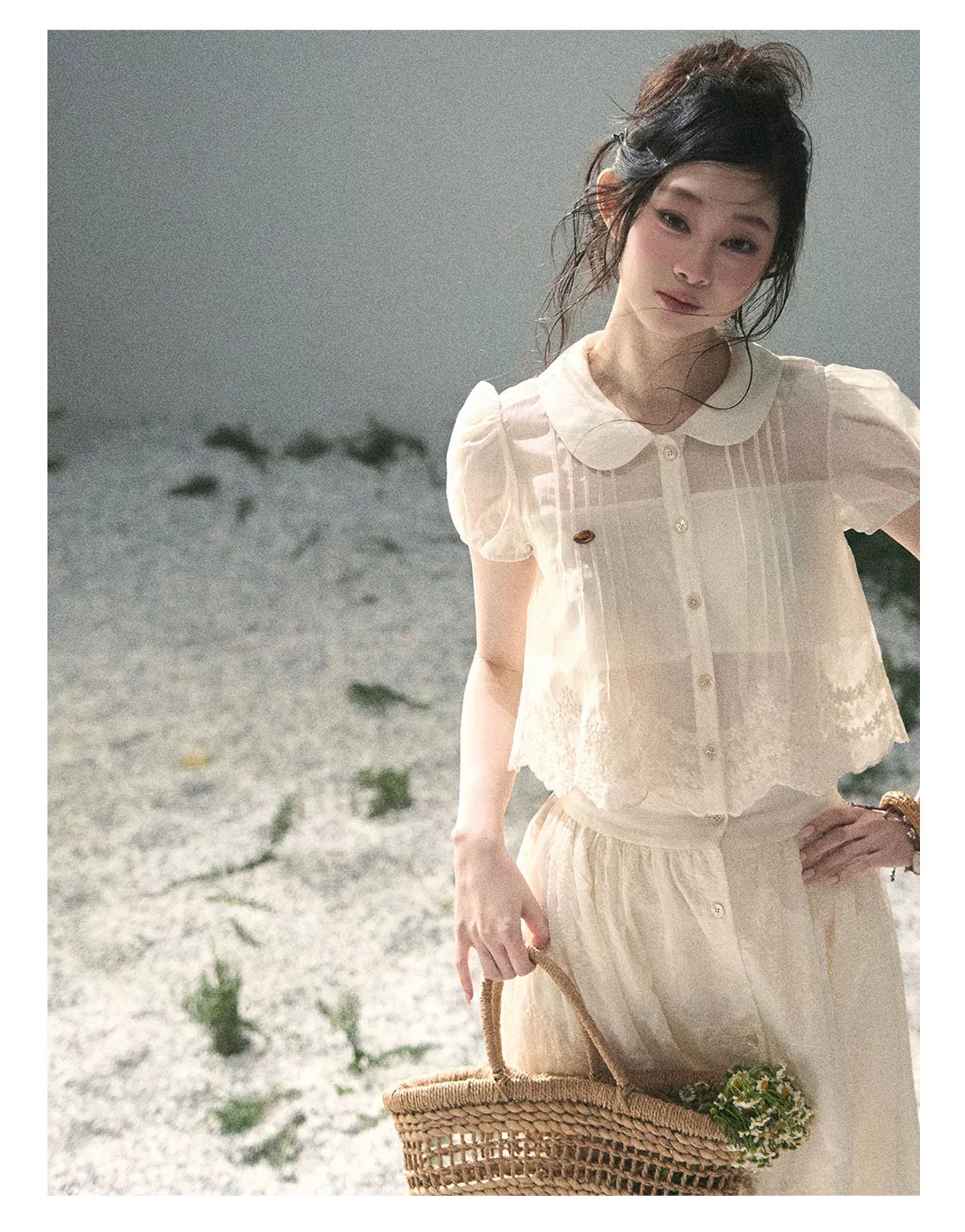 "Apricot Blossom After Rain" Dutch Cheese Lace Blouse & Maxi Skirt Set 532453