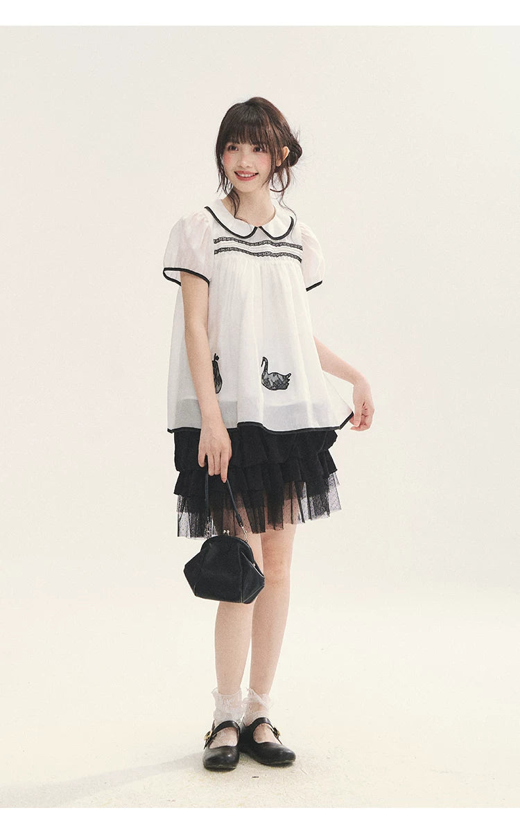 "Black & White Sonata" Polka Dot Mesh Tiered Jellyfish Skirt (White/ Black)
