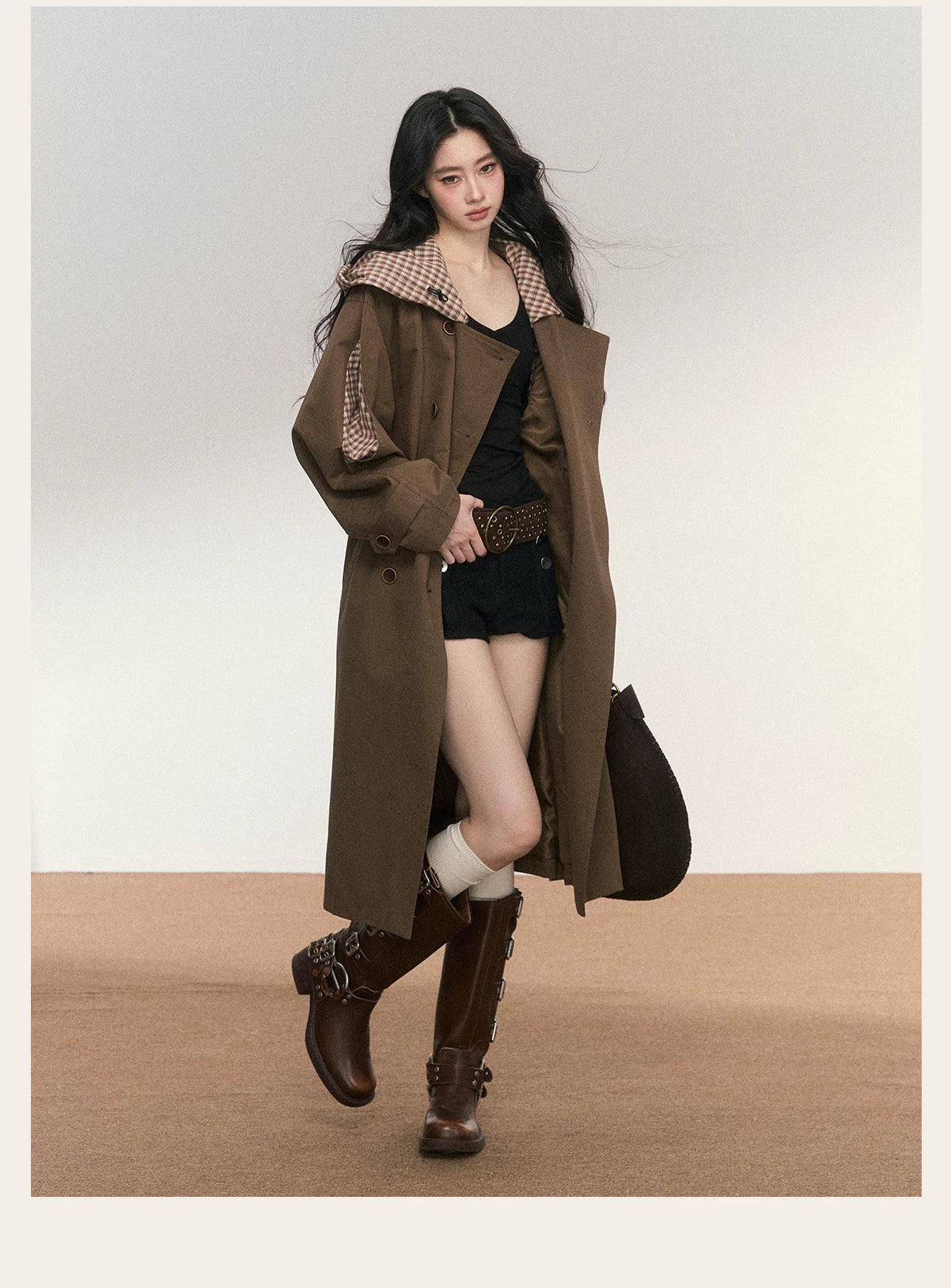 JN's DESIGN - Vintage Plaid Panel Hooded Trench Coat