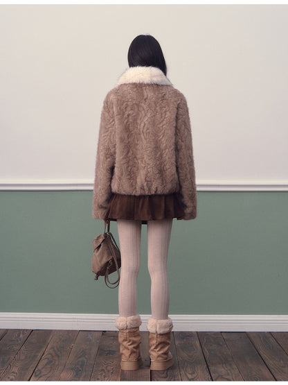 Soote Season - Almond Brown Faux Fur Contrast Collar Cropped Jacket