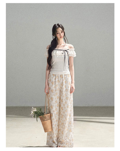 AOMALM - "A Cloud in Bloom" Primrose Yellow Floral Embroidered Lace Wide-Leg Pants