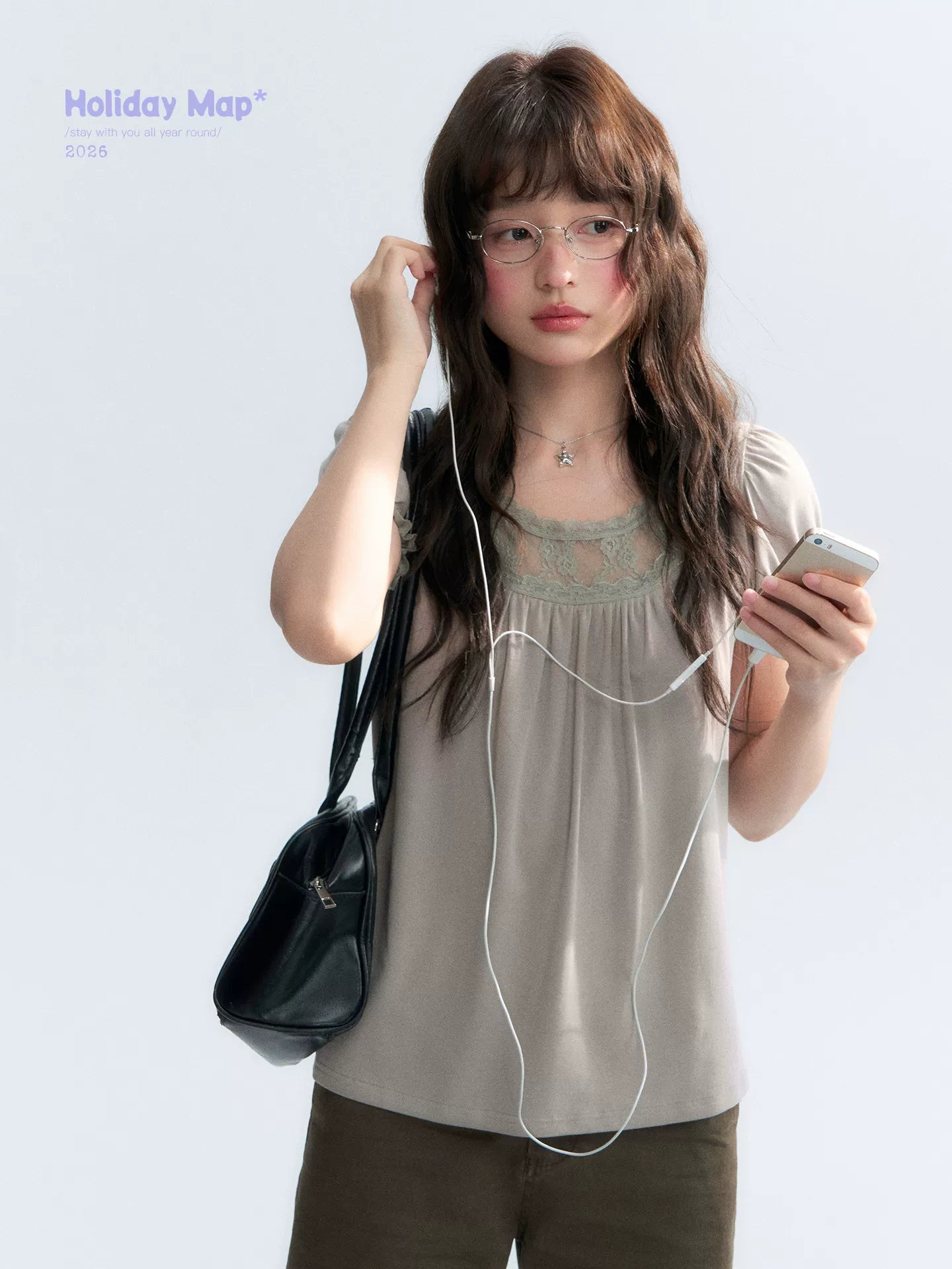 "Vintage Cream" Milk Gray Lace Trim Puff Sleeve T-Shirt
