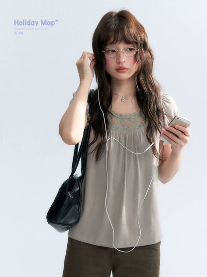 "Vintage Cream" Milk Gray Lace Trim Puff Sleeve T-Shirt
