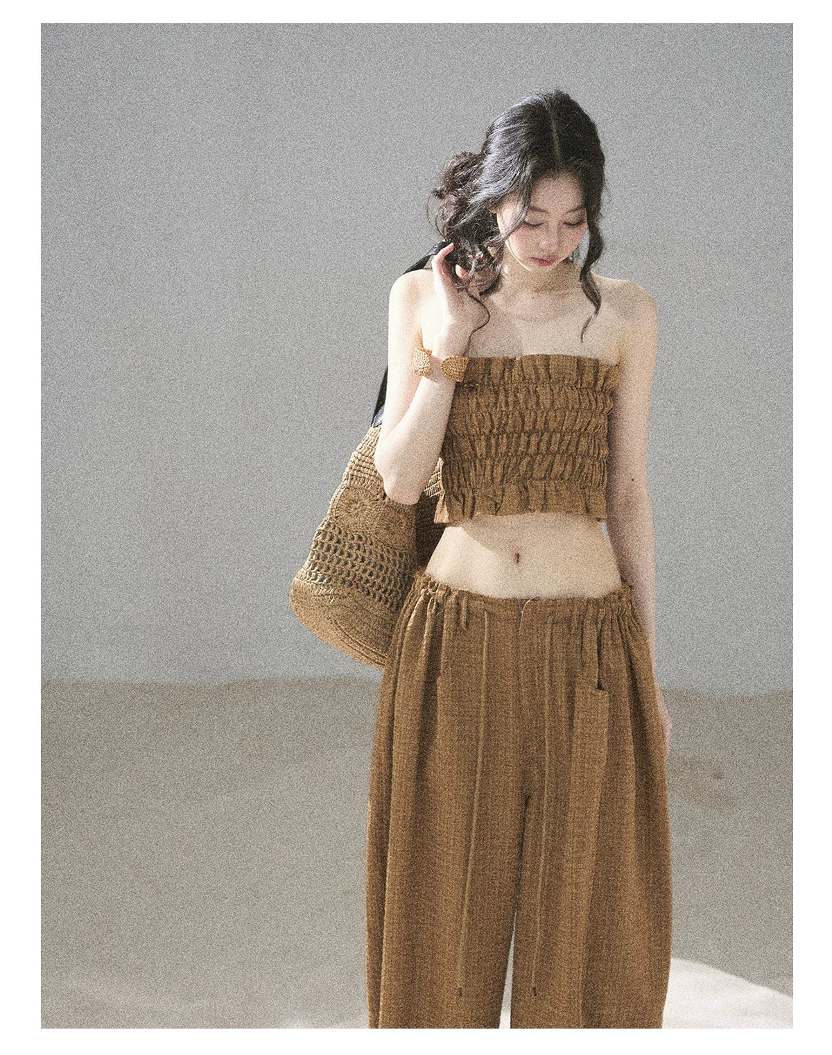 "Caramel Dusk" Ash Caramel Shirred Bandeau Top & Relaxed Pants Set