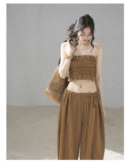 "Caramel Dusk" Ash Caramel Shirred Bandeau Top & Relaxed Pants Set