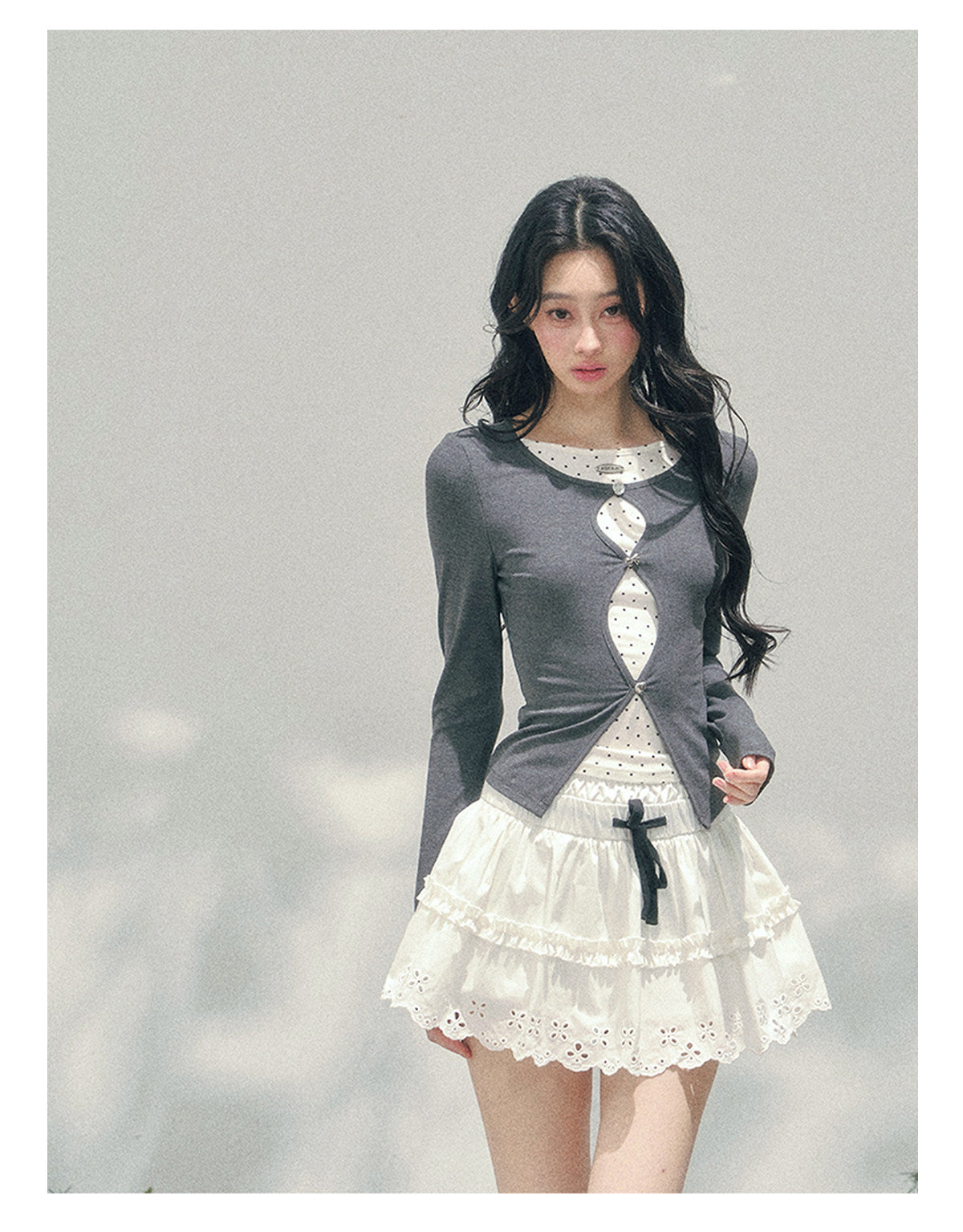 少也眼 "Twilight Pause" Faux Two-Piece Polka Dot T-Shirt in Soft Silver Gray 45234752
