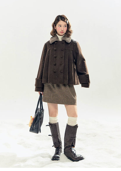 "Berlin Snowfall" Double-Breasted Quilted Wool-Blend Peacoat (Ivory/ Chocolate Brown)