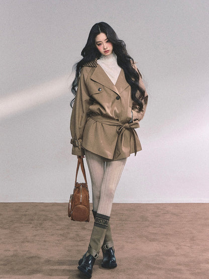 少也眼 "Zurich Elegance Trench" – Audrey-Inspired Relaxed Plaid Coat