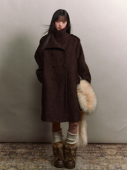 Soote Season - Deep Roast Brown Korean-Inspired Lady Collar Bouclé Long Wool Coat