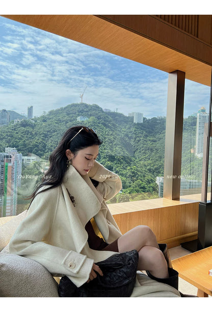 QuQuOuYang - 100% Wool Double-Face Belted Coat with Convertible Collar