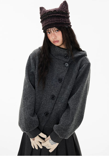 EZEK | Preppy Hooded Wool Blend Jacket with Button Front