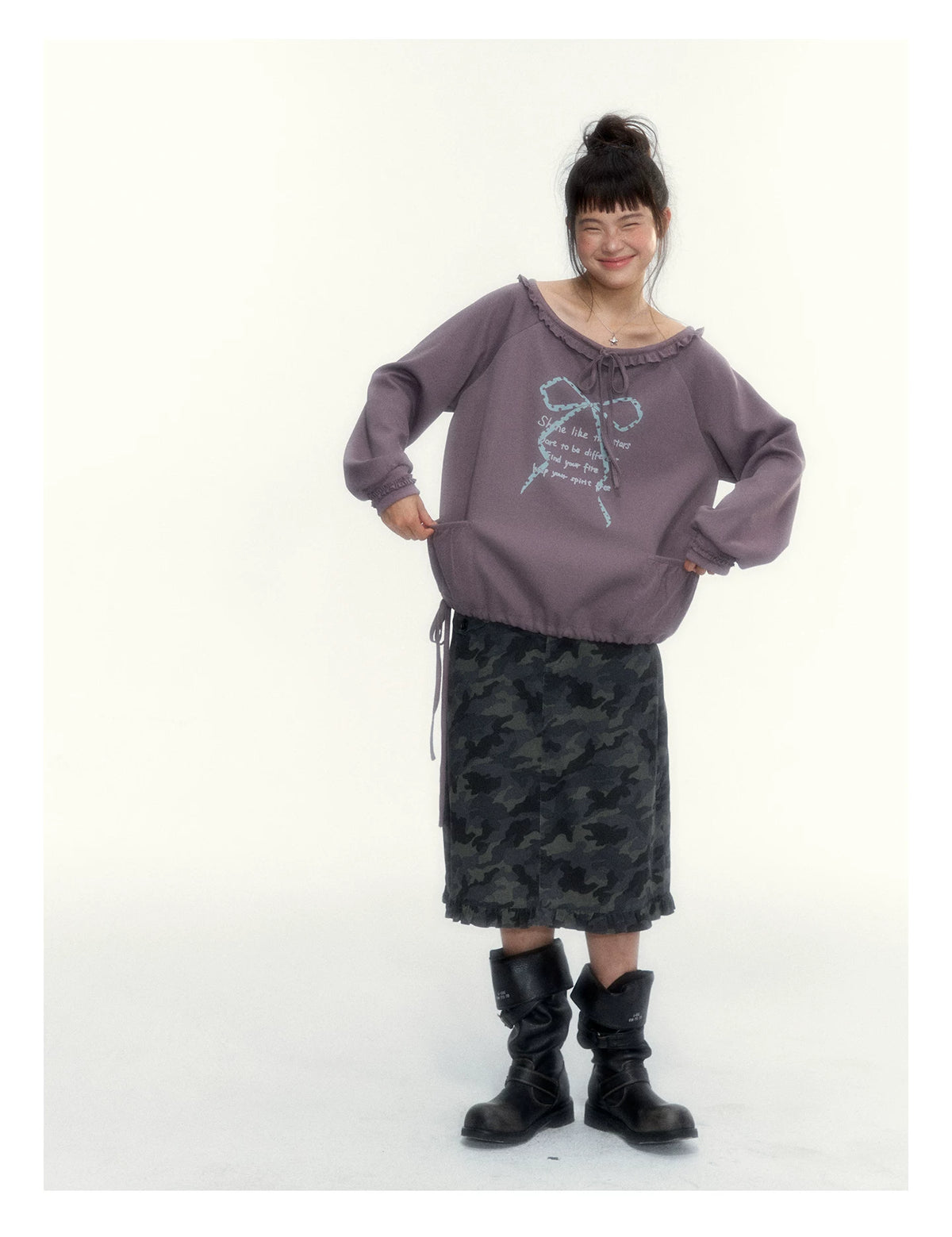 Deep Purple Bow-Tie Lettuce-Trim Off-Shoulder Sweatshirt