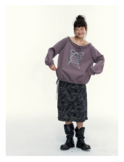 Deep Purple Bow-Tie Lettuce-Trim Off-Shoulder Sweatshirt