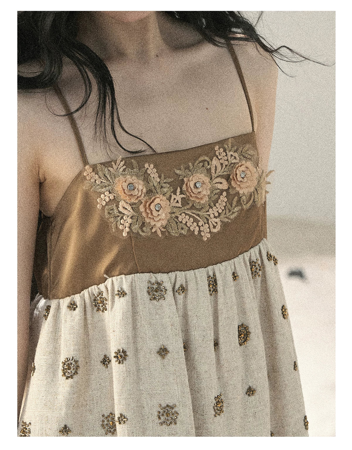 "Whispers Through the Wheat Fields" Oat Beige Floral Cami Babydoll Mini Dress