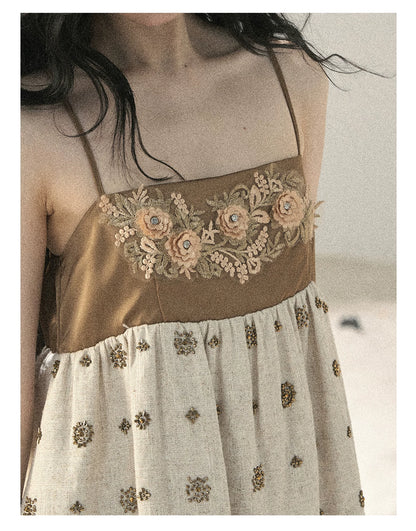 "Whispers Through the Wheat Fields" Oat Beige Floral Cami Babydoll Mini Dress