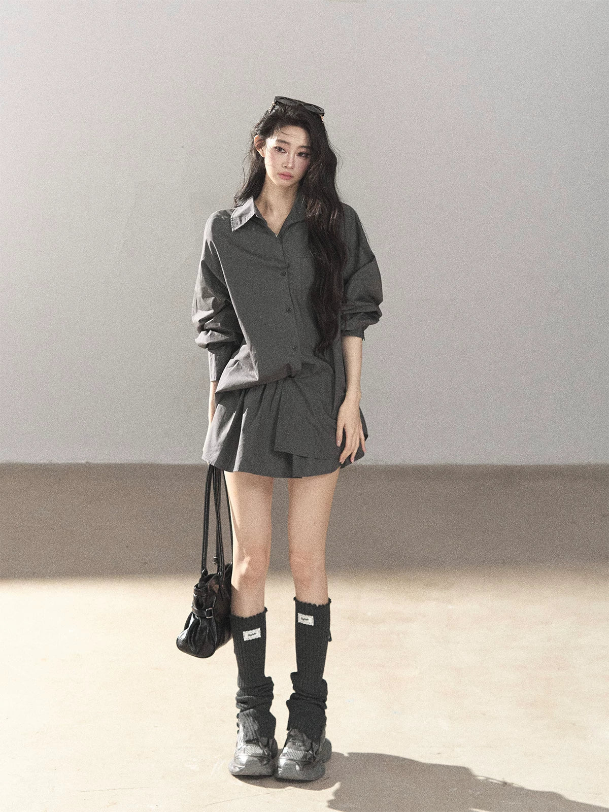 AOMALM - Thin Dusk Gray Bow-Back Shirt & Bubble Mini Skirt Set