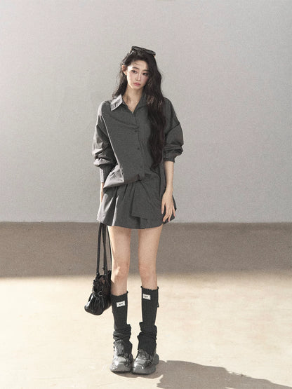 AOMALM - Thin Dusk Gray Bow-Back Shirt & Bubble Mini Skirt Set