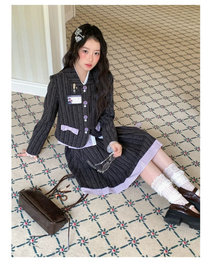 [[RF] “Ink Plaid Prelude” Gray-Purple Plaid Striped Pleated Skirt Two-Piece Set