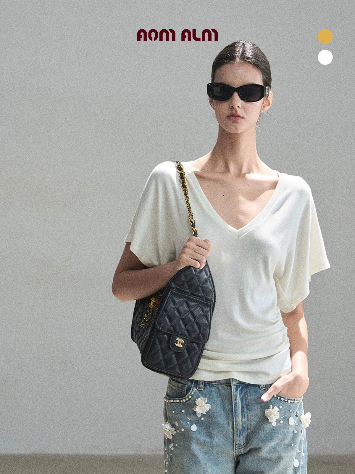 "The First Ray of Sunshine" V-Neck Crop Tee (Ginger Yellow. Creamy Apricot White)