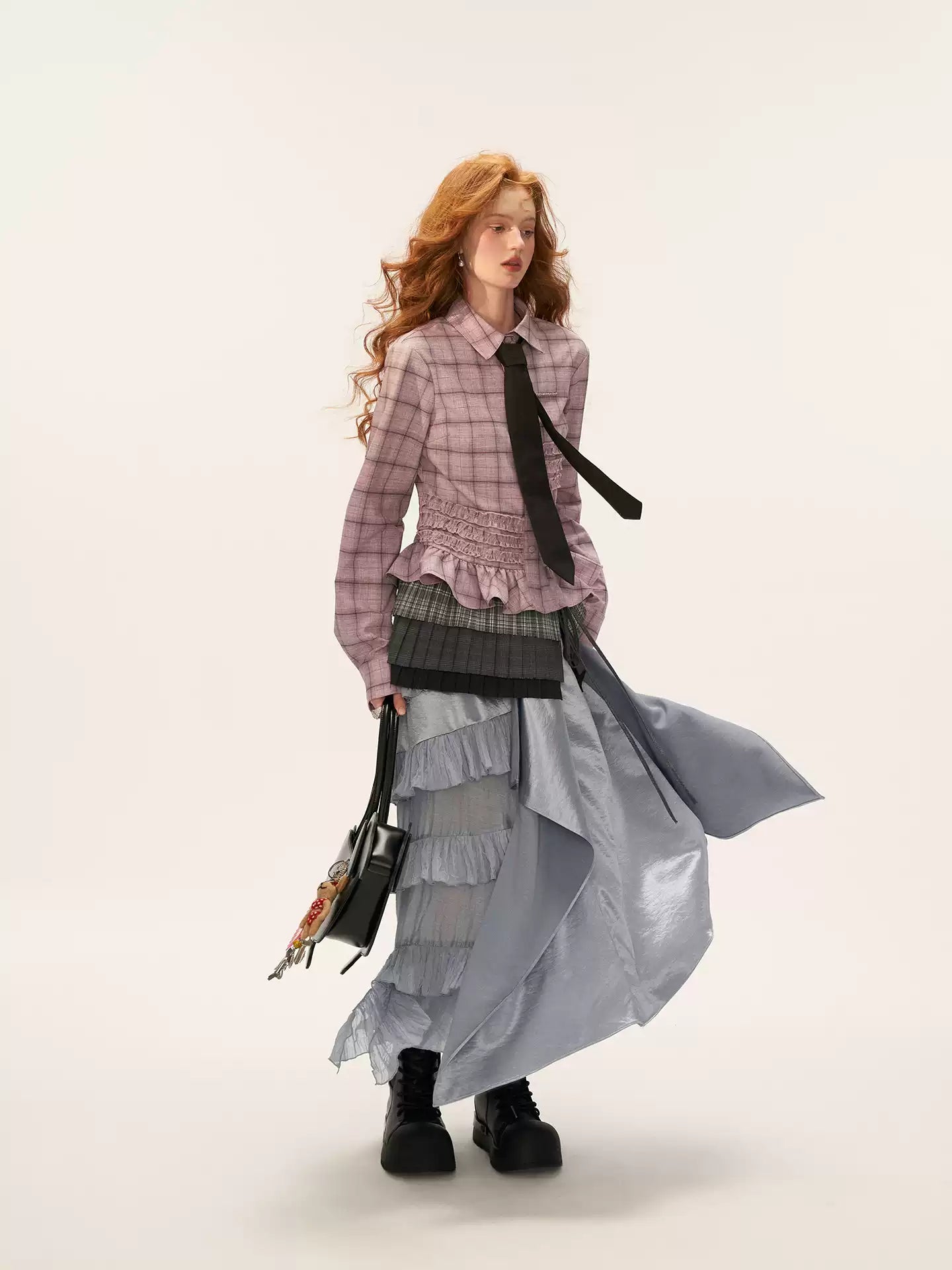 MAMC - Pink Ruffle Hem Plaid Striped Shirt