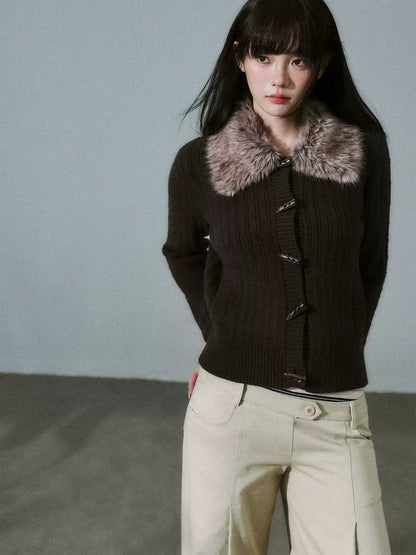 LOST FOREST - Dark Brown Detachable Faux-Fur Collar Toggle Cardigan